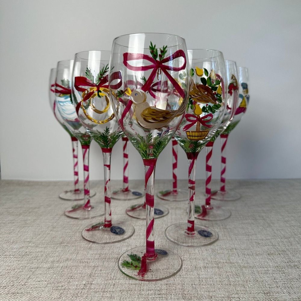 Vintage Block Basics 12 Days Christmas Wine Goblets 10 of 12 Hand Painted